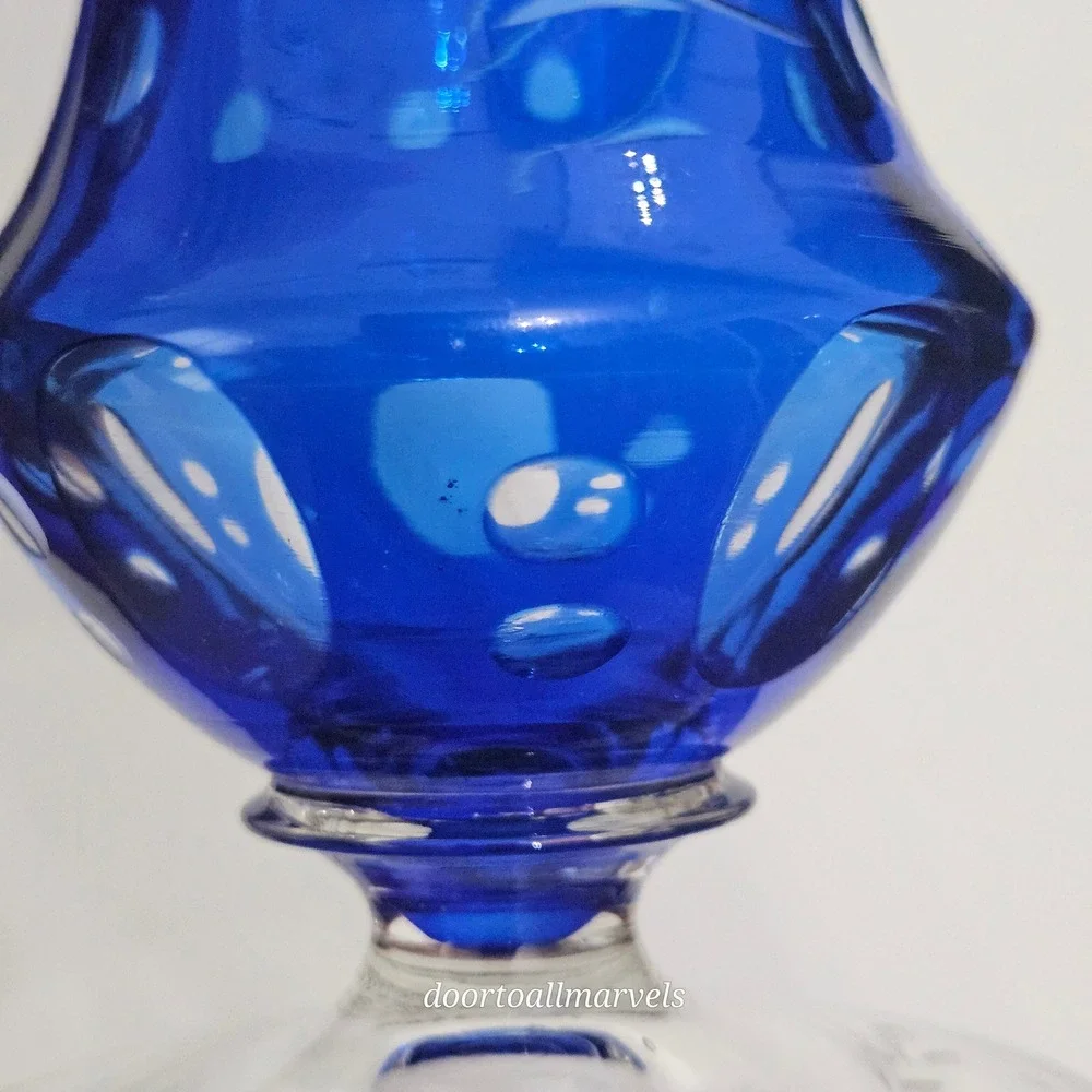 VTG Val St Lambert Footed Vase Cobalt Blue Cut-to-Clear Crystal Europe Art Deco
